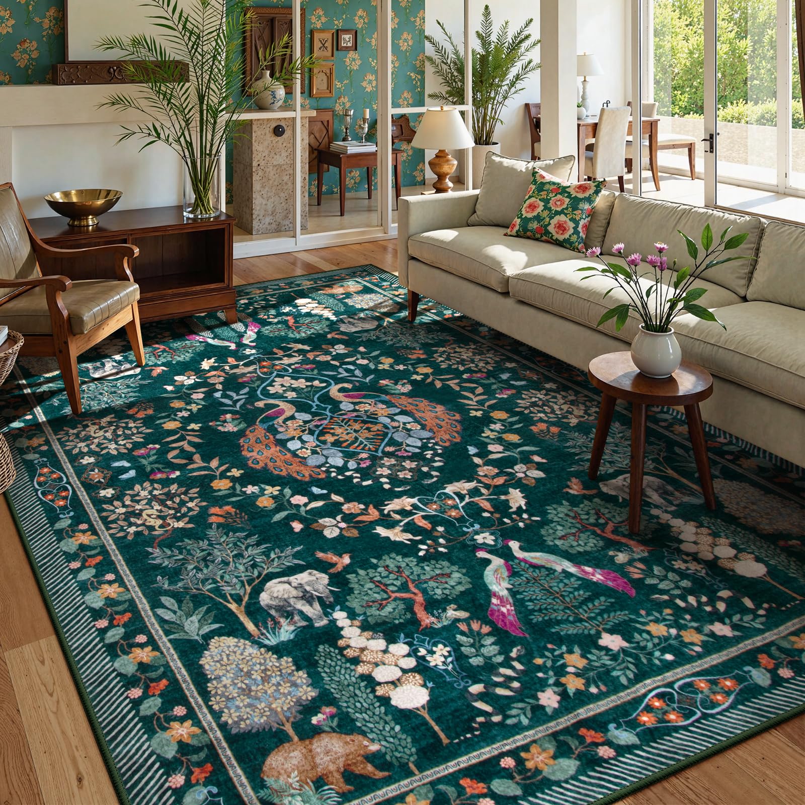 Photo 1 of Moynesa Boho Floral Washable 5x7 Area Rugs, Green Rugs for Living Room, Non Slip Dining Room Rug Under Table, Soft Ultra Thin Floor Carpet for Bedroom Home Office Farmhouse