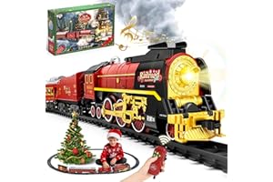 Electric Model Train Set with Smoke, Lights & Sound, Kids Remote Train Toy Set for under Christmas Tree, Steam Locomotive Tra