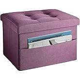 LINMAGCO Storage Ottoman Folding Foot Stool Foot Rest with Side Pocket Modern Ottoman with Storage Short Sofa Stool Linen Cloth 17x13x13(Purple)
