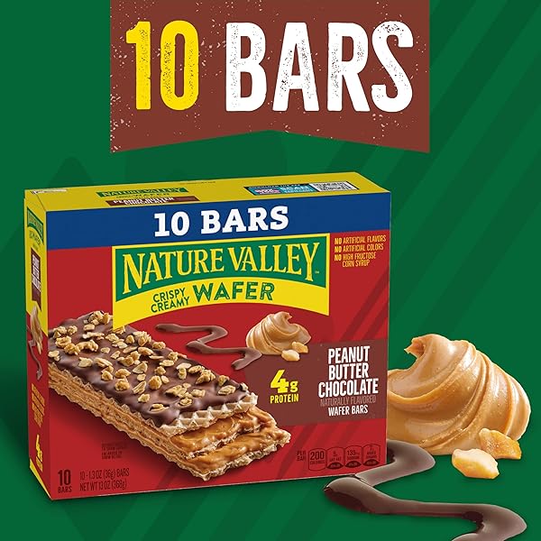 NATURE VALLEY WAFER BARS, PEANUT BUTTER CHOCOLATE FLAVORED SNACKS, 10 BARS, 13 OZ