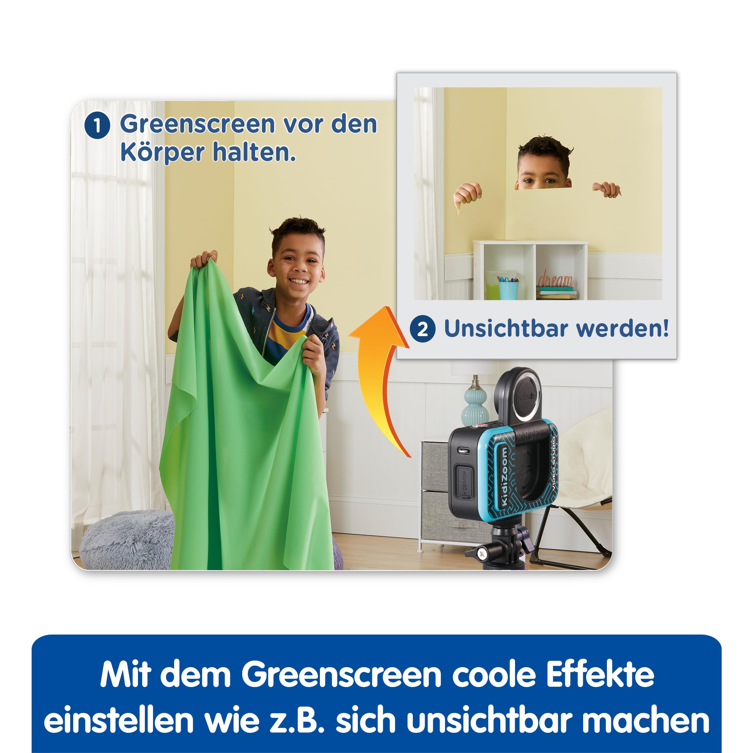 Vtech Kidizoom Video Studio HD blau – Kinderkamera mit Greenscreen, Stativ, Effekten, Selfielinse und vielem mehr – Für Kinder von 5-12 Jahren, único 3