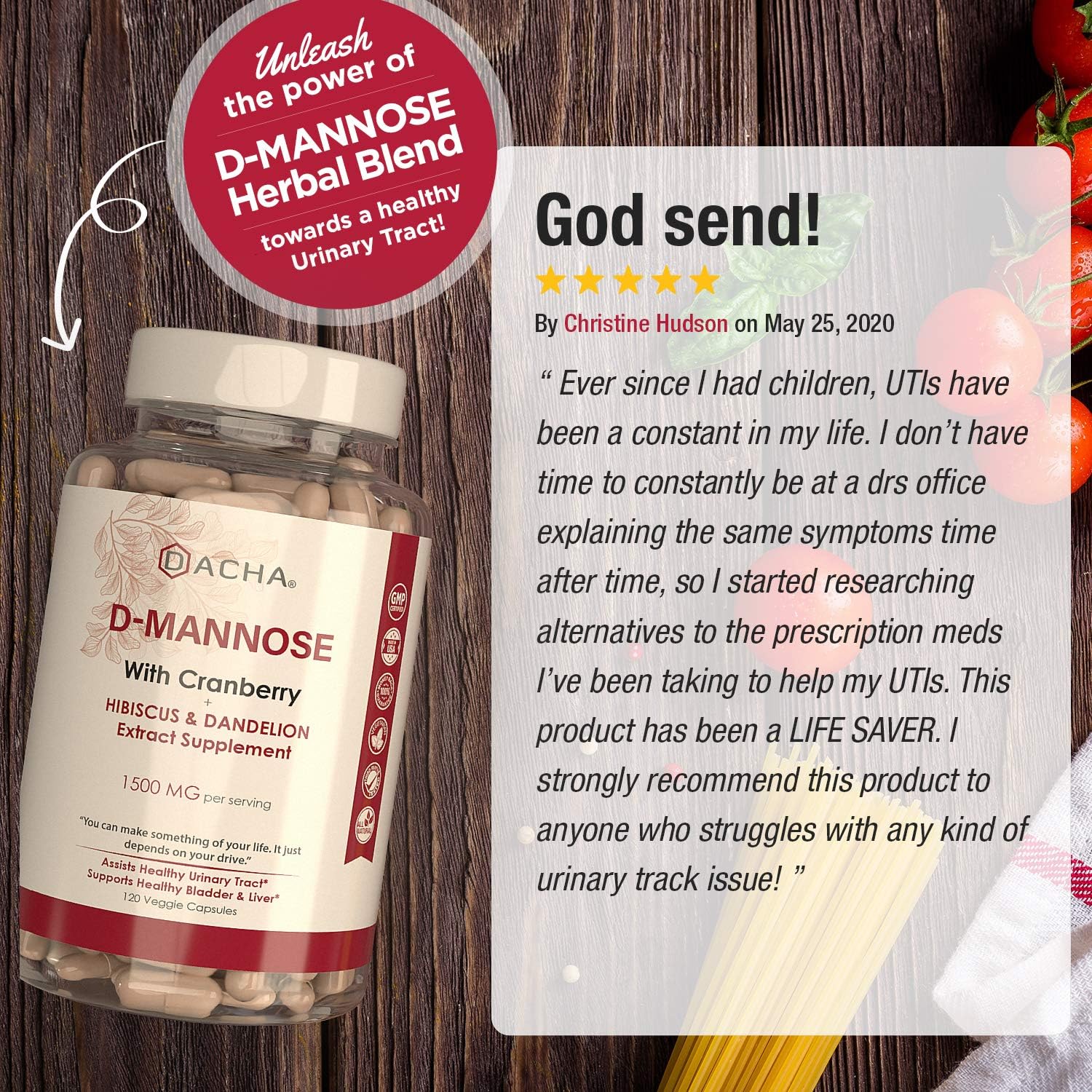 Natural D-Mannose Capsules 4-in-1 Formula - 120 CAPS, 1500 MG Cranberry, Dandelion, Hibiscus Flower Extract, Fast-Acting Pills for Bladder Health, Urinary Tract Infection UTI Support Flush Impurities: Health & Personal Care