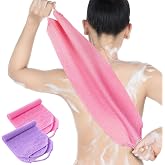 2 Pcs Exfoliating Shower Back Scrubber with Handles for Women, Pink,Purple | Back Cloth Body Extended Length Scrubber Towel Nylon Stretchable Pull Strap Wash Cloth for Bath Body (Pink, Purple)