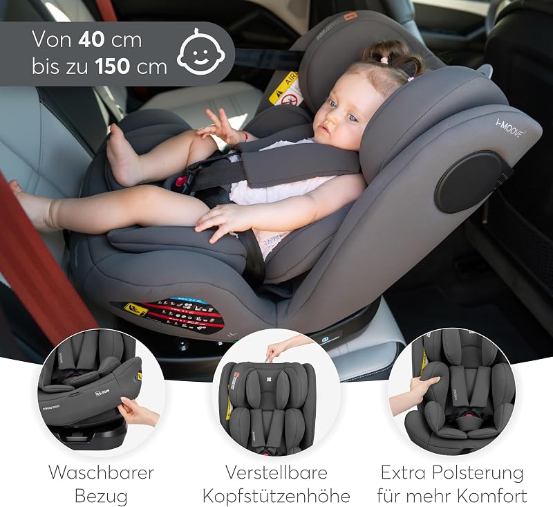 KikkaBoo Kindersitz 9-36 kg mit ISOFIX & 360° Drehung i-MOOVE 2, i-SIZE, 40-150 cm Reboarder, Rückwärts/Vorwärtsgerichtet, Verstellbare Kopfstütze, Liegefunktion, Schwarz
