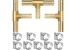 SCTIHWELIRE Brass Hose Barb, Tee Shaped 3 Way Hose Barb Fitting 5/16" Barb Splicer Mender with Stainless Steel Pipe Clamps air hose repair kit for Pipe line Fuel Air Oil (5/16 3Pcs)