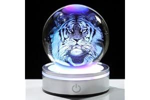 Arikyrist 3.15" Crystal Ball Engraved 3D Tiger with LED Light Base, Glass Sphere Tiger Figurine Gifts for Women Men Animal Lovers Home Decoration