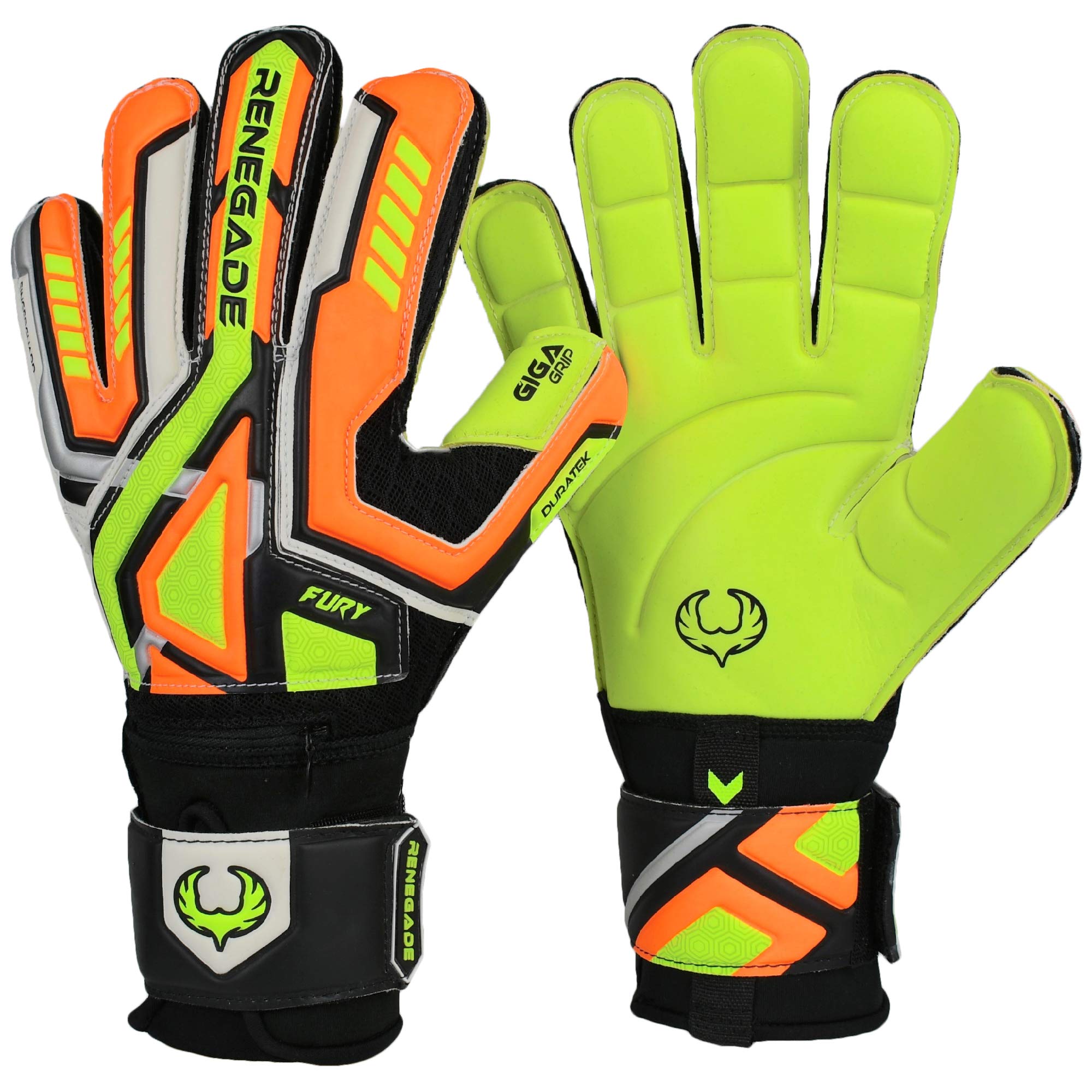 Renegade GK Fury Volt Goalie Gloves with Pro-Tek Finger Spines | 4mm Giga Grip & 4mm Duratek | Neon Yellow, Orange, Black Football Goalkeeper Gloves (Size 6, Youth, Flat Gecko Cut, Level 4)