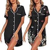 Ekouaer 2 Pack Nightgowns for Women Button Down Sleepshirts Short Sleeve Sleepwear V Neck Nightshirt Pajama Dress