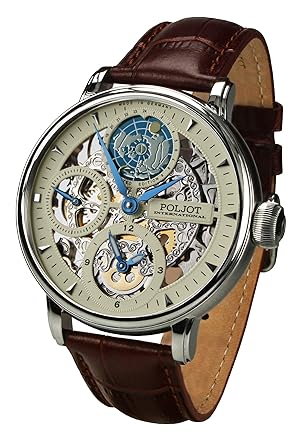 POLJOT International Mechanische Herrenuhr Globetrotter Skelettuhr Handaufzug Lederband