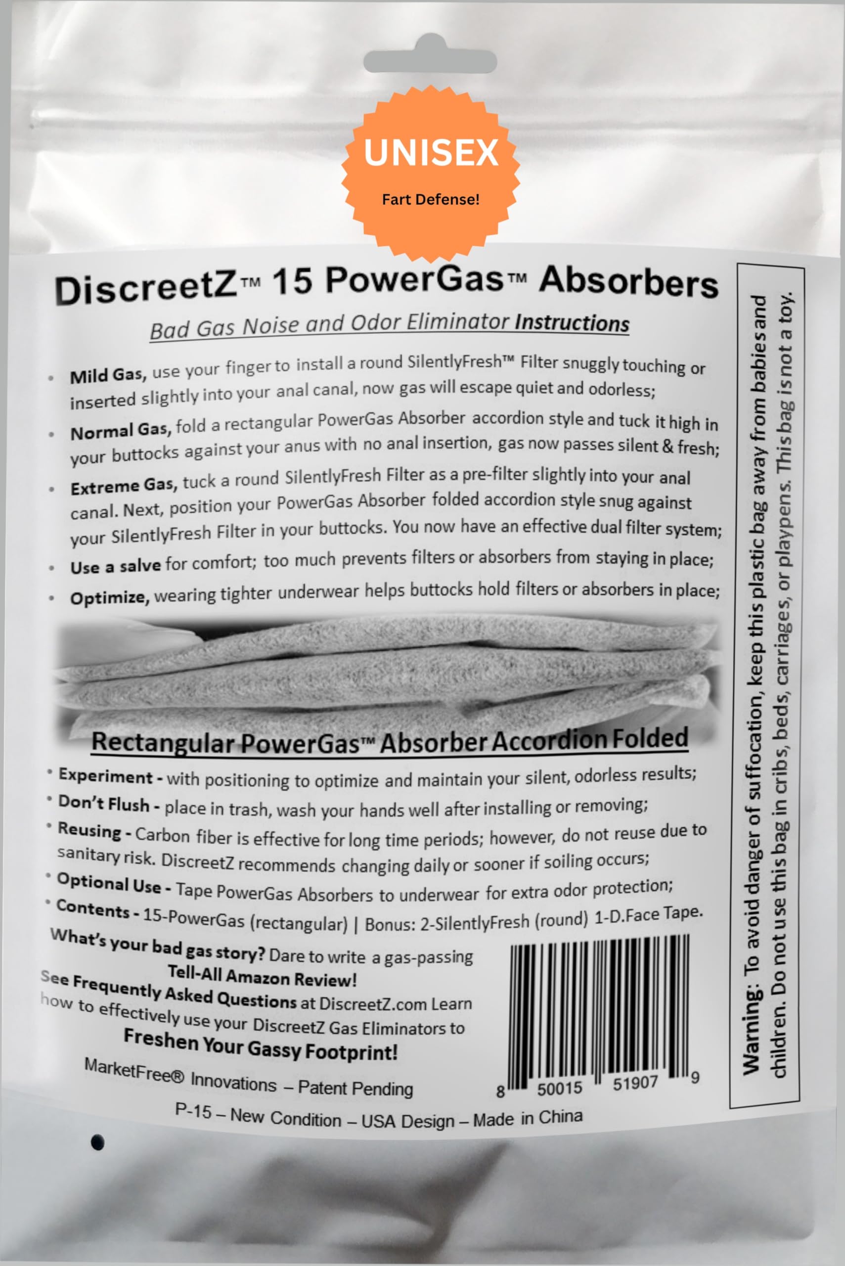 Odor Eliminator for Strong Odor, No Toxic Spray. Men & Women Charcoal Odor Absorbers, Flatulence Underwear Help. Gas Relief for Adults. Flatulence Pads Silence & Stop Odor Up to 100%. DiscreetZ P-15