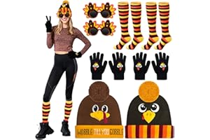 BobbleT 8 PCS Turkey Trot Outfit Set – Thanksgiving Turkey Costume Accessories with 2 Beanie Hats, 2 Glasses, 2 Gloves & 2 Running Socks, Funny Fall Running Costume for Women & Men