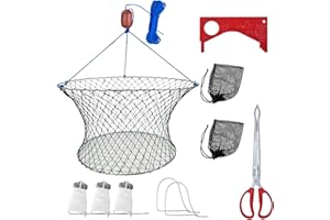 Aqwxc Double Ring Crab Trap - Steel Ring Crab Net, 24" Top, 20" Bottom, 50' Rope, Clip, Gauge for Dungeness, Rock and Blue Crab
