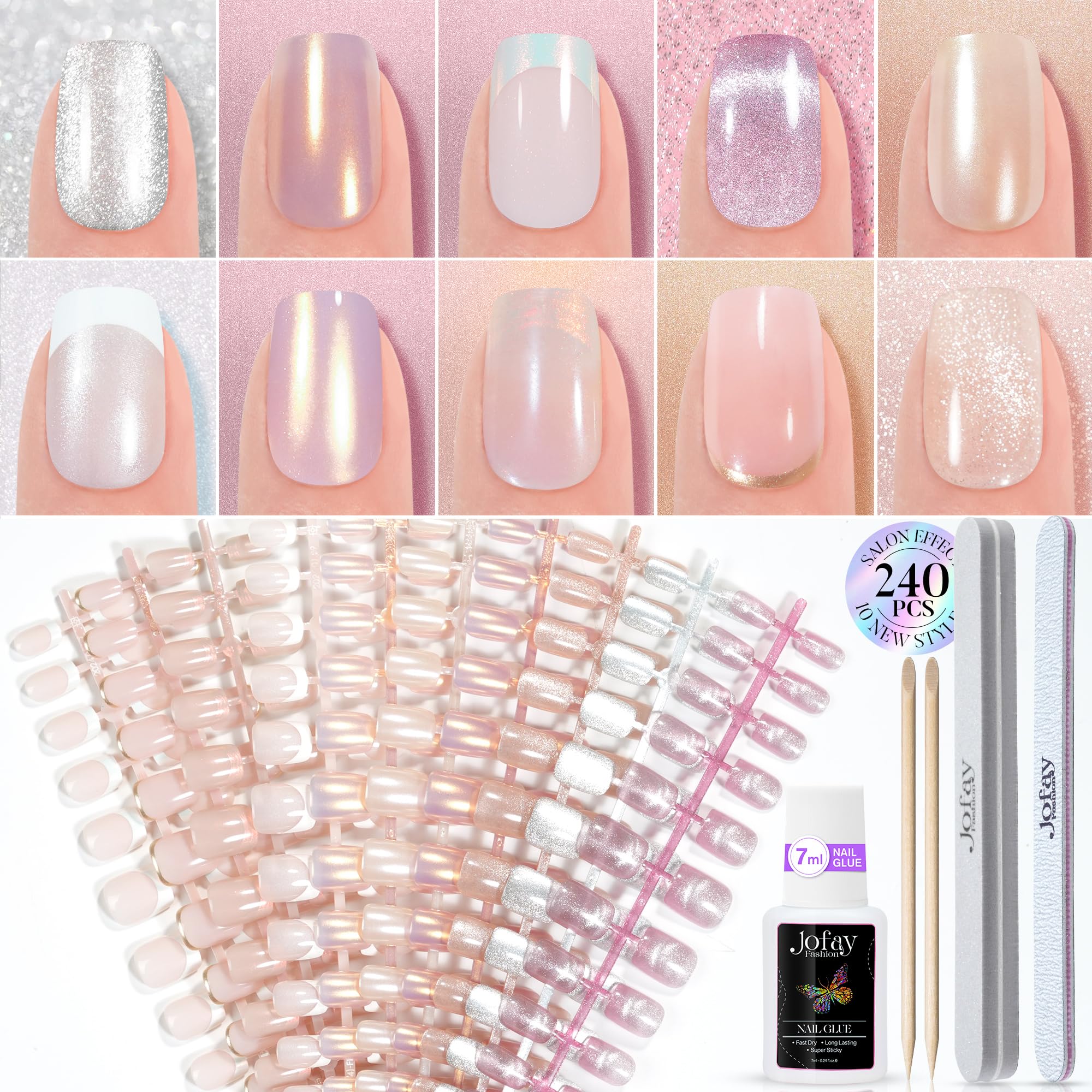 Photo 1 of Press on Nails Short 10 Styles, Jofay Fashion 240Pcs Salon-Like Fake Nails with Cat Eye & French Tip Press on Nails Designs, Artificial Acrylic Gel Glue on Nails for Women