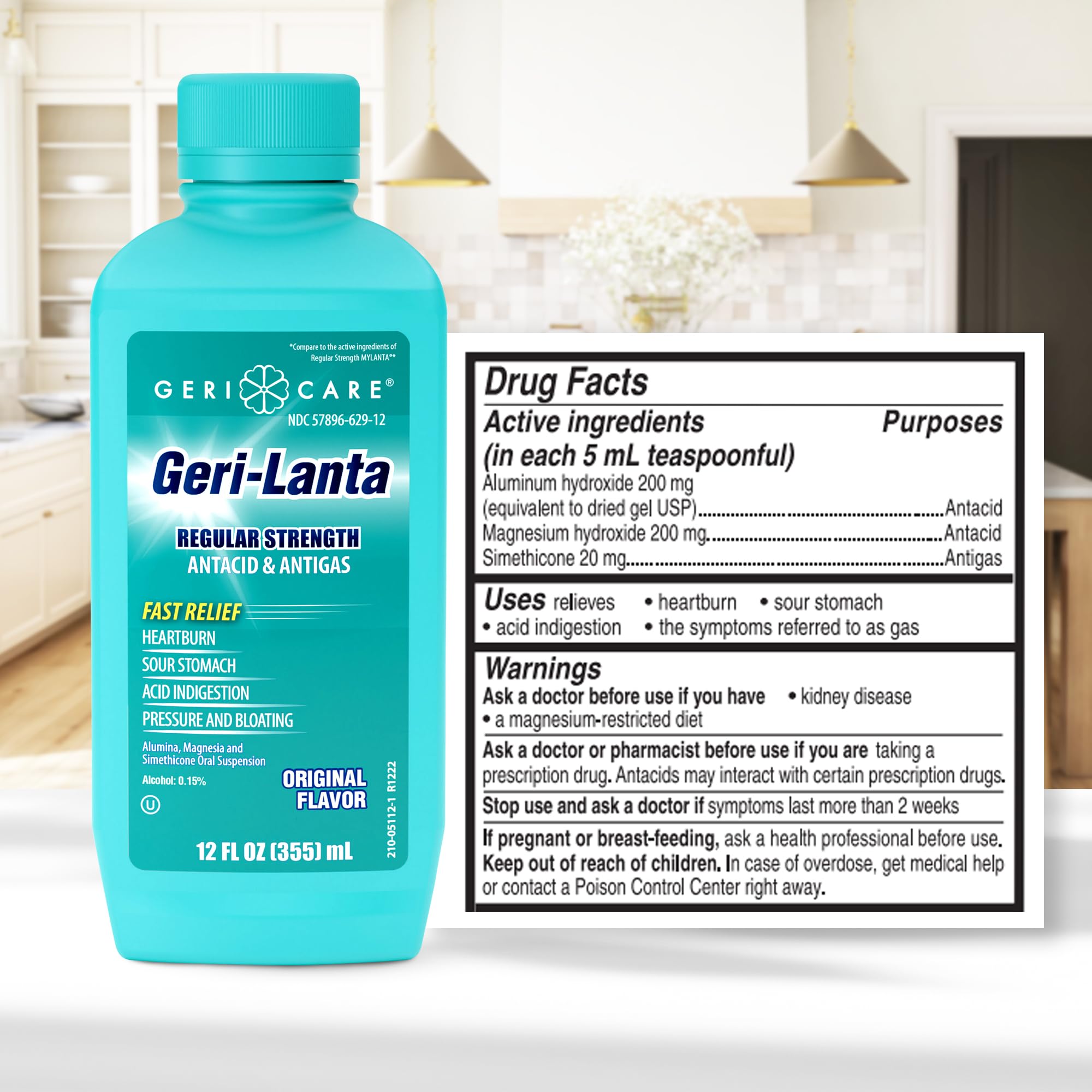 Geri-Lanta Liquid Antacid & Antigas By GeriCare| Regular Strength Acid Reducer For Heartburn, Sour Stomach, Acid Indigestion, Pressure & Bloating| Oral Gas Indigestion Relief| Original Flavor|12 fl oz