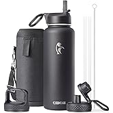 Water Bottle 40 oz Insulated with Straw&Brush, Coolflask Vaccum Stainless Steel Metal 3 Lids Water Flask for Sports, Gym or Office, Keep Cold 48H Hot 24H, Magic Black