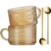 WHJY Vintage Glass Coffee Mugs with Spoon, Set of 2 espresso ribbed glass coffee cup,Embossed Tea Cups, Esthetic Tea Cups for Cappuccino, Latte, Hot Beverages, 14 oz