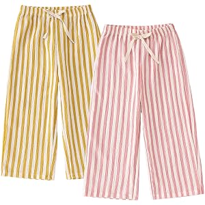 CM C&M WODRO Toddler Boy Girl Pants 2 Pack Stripes Elastic Waist Wide Leg Kids Summer Fall Lightweight Cotton Pants Trousers