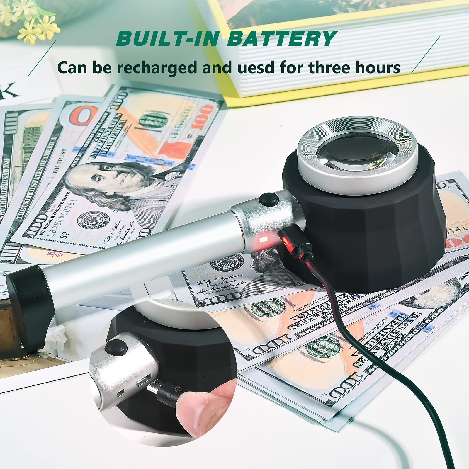 Amoper 30X Handheld Magnifier with 6 Light, Jeweler Loupes Lighted Magnifying Glass-USB Rechargeable for Seniors Reading Coins Crafts Jewelry Hobbies