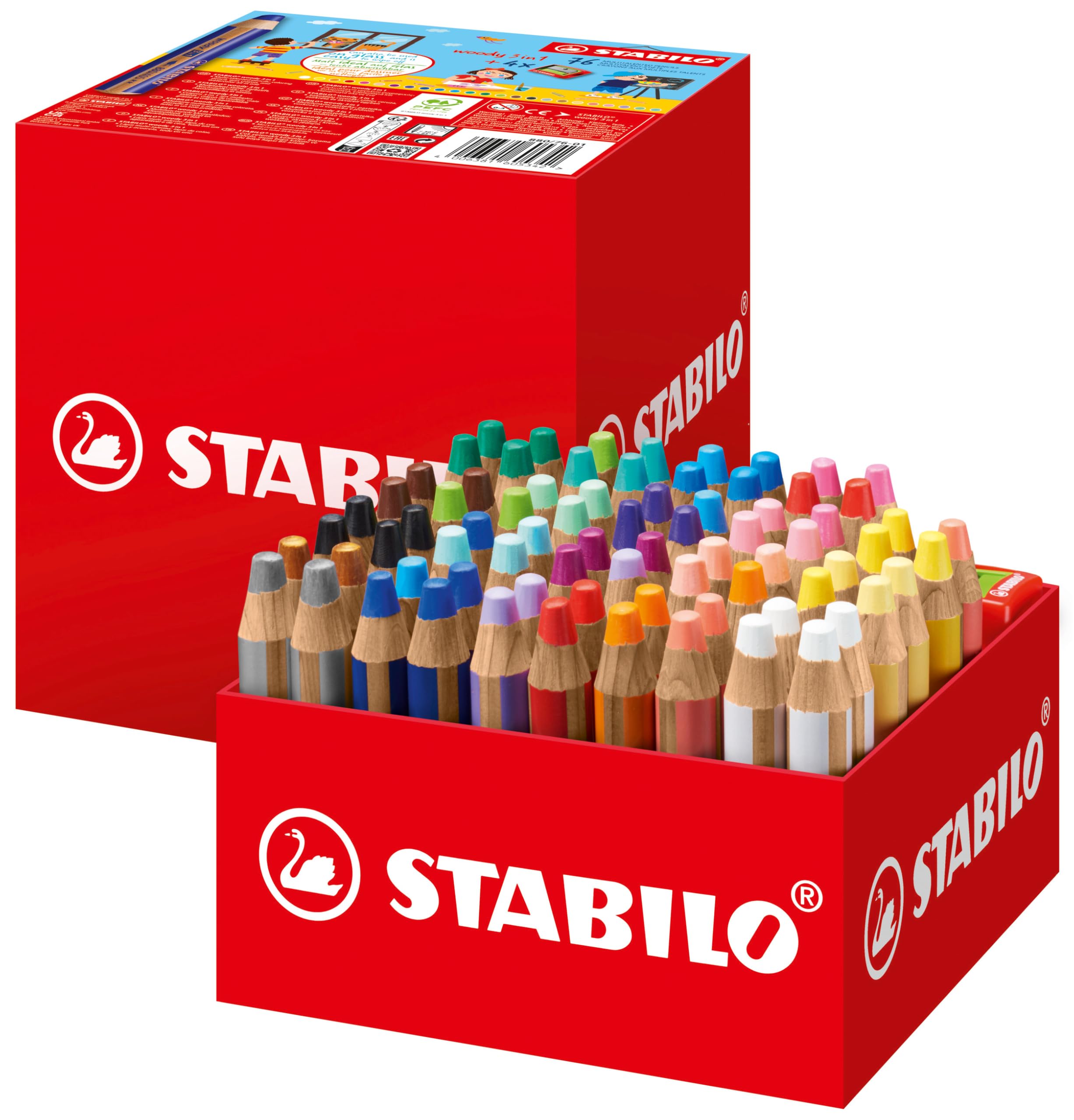 STABILO woody 3-in-1 - Multi-Talented Pencil - Classpack of 76 - with 24 Assorted Colours and 4 Sharpeners