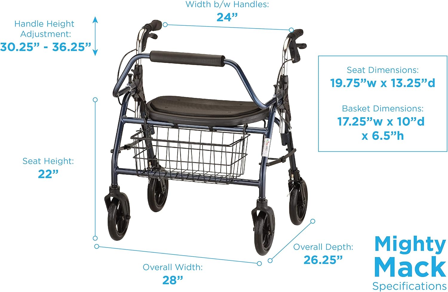 NOVA Mighty Mack Heavy Duty Rollator Walker 500 lb Weight Capacity, Blue: Health & Personal Care