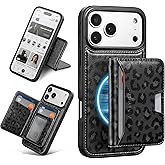 Antsturdy Compatible with MagSafe 2 in 1 Detachable Magnetic iPhone 17 Pro Max Case Wallet Holder,PU Leather RFID Blocking Credit Card Slots Flip Protective Cover Kickstand for Men Women,Leopard-Black