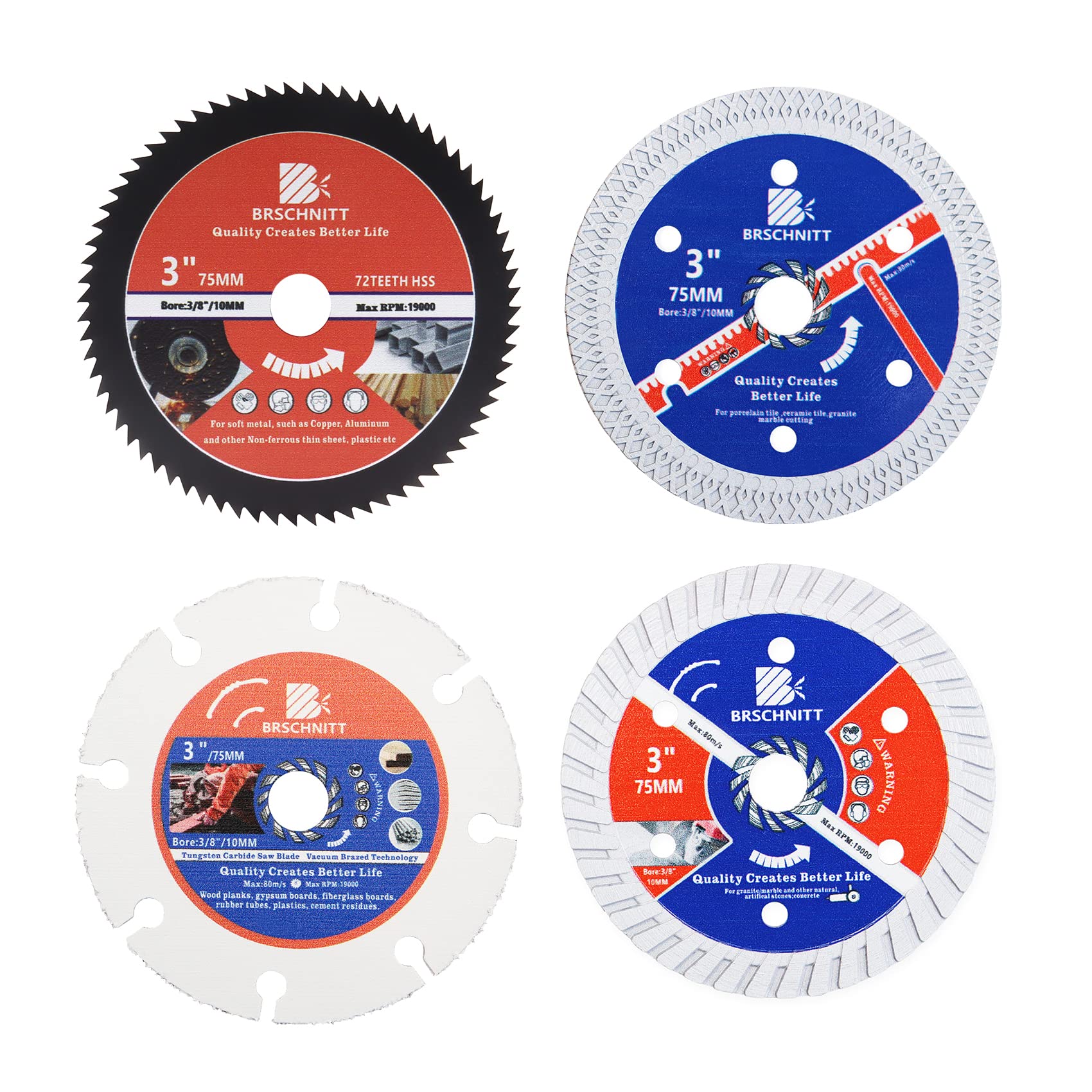 Diamond Saw Blades for Cutting Wood Metal Stones,4pcs 3inch（75mm） with Arbor10mm Dry/Wet Continuous Rim Diamond Cutting Disc for Granite Marble Stone Hard Concrete Reinforced Concrete