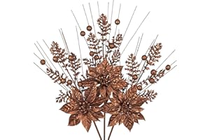 OAIRSE 3 Pcs Bronze Artificial Poinsettia Flowers Picks Glitter Christmas Floral Picks and Sprays Christmas Fake Flowers Stems with Berries Pine Branches Fillers for for DIY Centerpieces Vase Decor