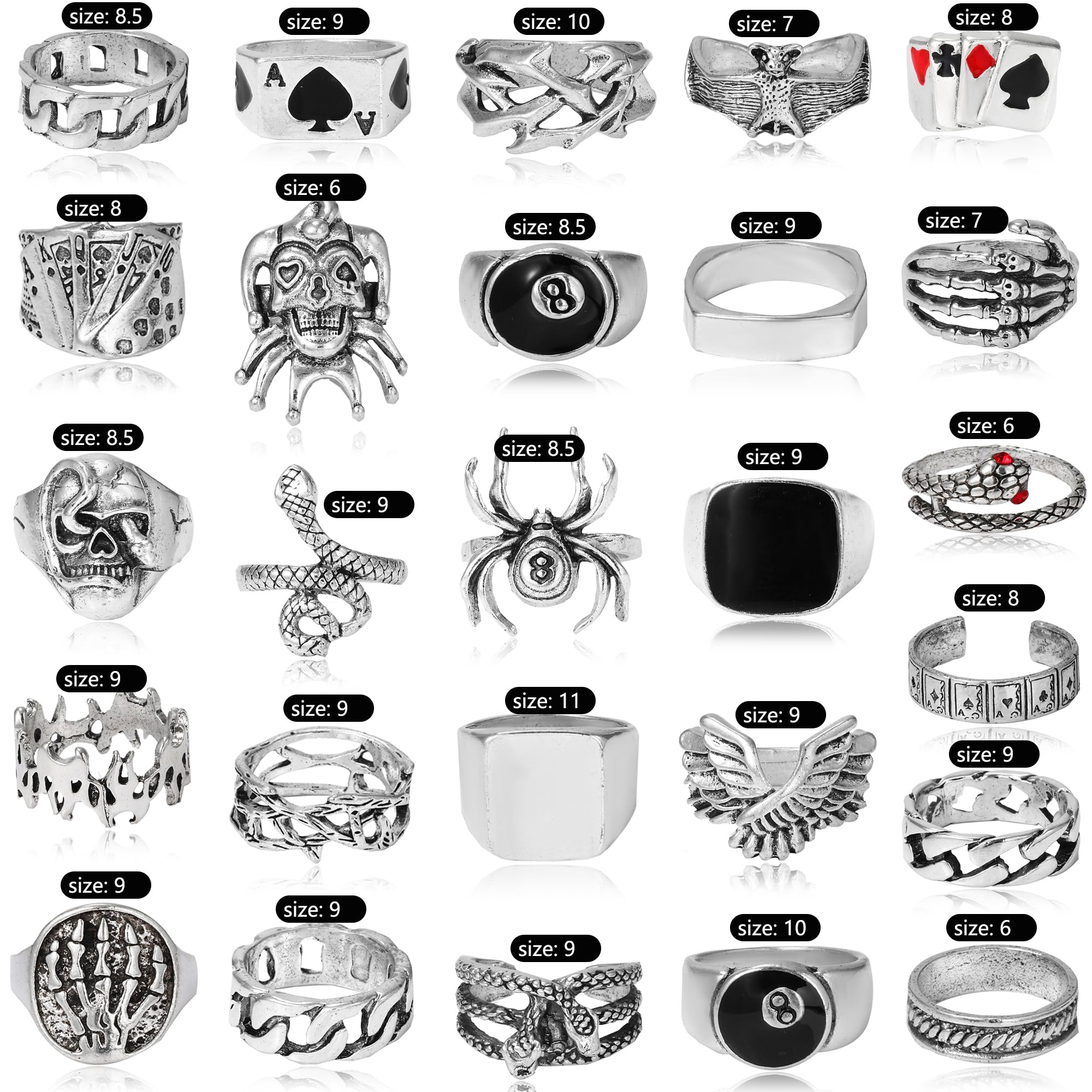26 Pcs Vintage Silver Punk Rings Set for Men Cool Gothic Chunky Rings Statement Snake Wing Signet Ring Set