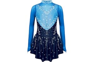 Xroufi Kids Girls Rhinestones Figure Skating Dress Long Sleeve Dance Leotard Skirted Bodysuit Ballet Dancewear