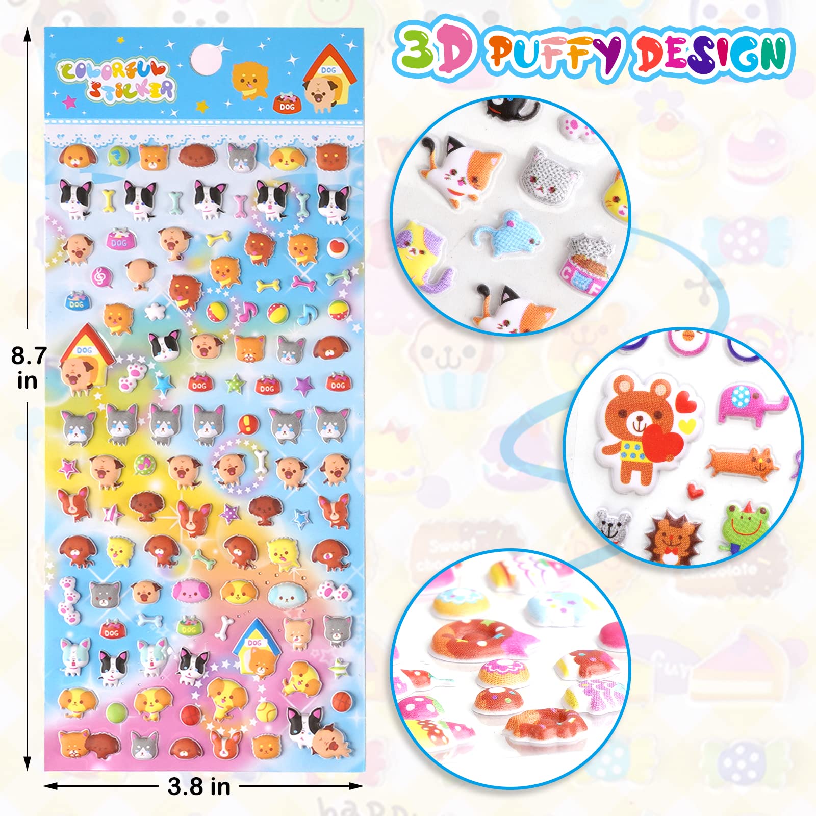 SHANGRLA 870 PCS Cute Mini Puffy Stickers for Kids Girls 3D Small Tiny Stickers Including Cartoon Animals Cat Rabbit Dog Puppy Kitten Bunny Food Donuts Hearts for Adults Phone Case Laptop,8 Sheets.