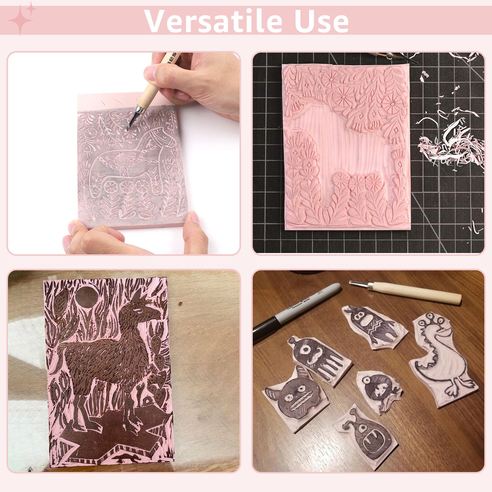 10 Pack Rubber Stamp Making Kit - Block Printing Kit，Linoleum Carving Tools with 8 Type Blades, 8 Pcs Pink Rubber Carving Block and Rubber Brayer Roller