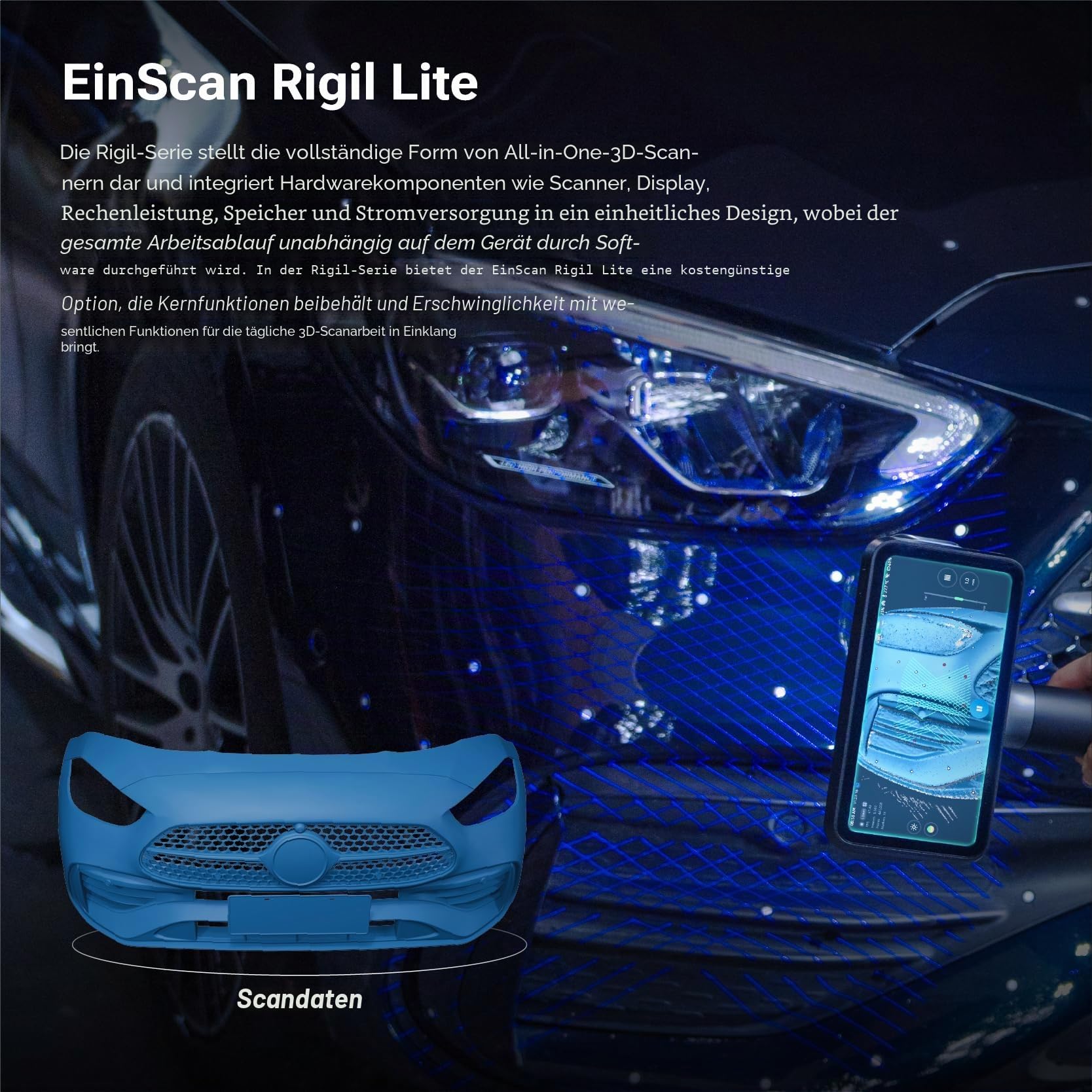 EinScan Rigil Lite 3D Scanner, 34+7 Blau-Laser & Infrarot Standalone Scanner mit 6,4" 2K AMOLED-Touchscreen, Kabellos & PC Modi für Automotive & Reverse Engineering, 24GB RAM+512GB SSD 4