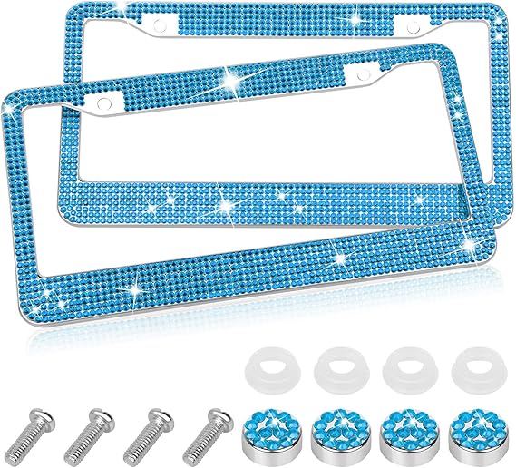 EEEkit Rhinestone Blue License Plate Frame, 2 Packs Car