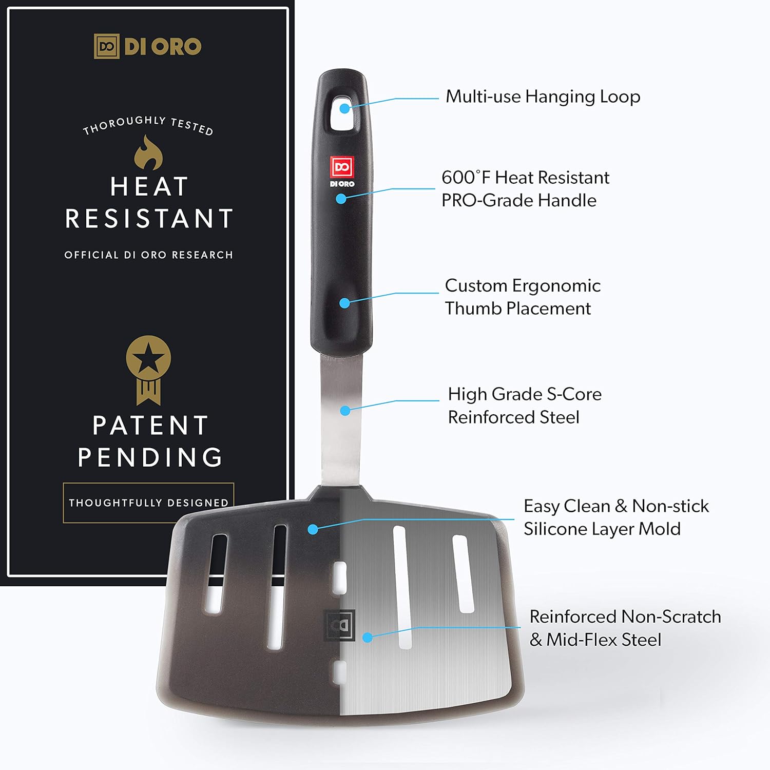 New DI ORO Designer Series Elite 3-Piece Turner Spatula Set - 600F Heat-Resistant Rubber Silicone Spatulas - Includes Slotted Fish, Omelet, and Wide Slotted Turners - LFGB Certified and BPA Free: Kitchen & Dining