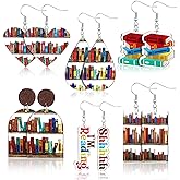 Ferreve 6 Pairs Valentine Teacher Earrings Gift for Women Bookcase Book Earrings Acrylic Teacher Accessories Library Funny Cat Earring for Book Lovers Gifts