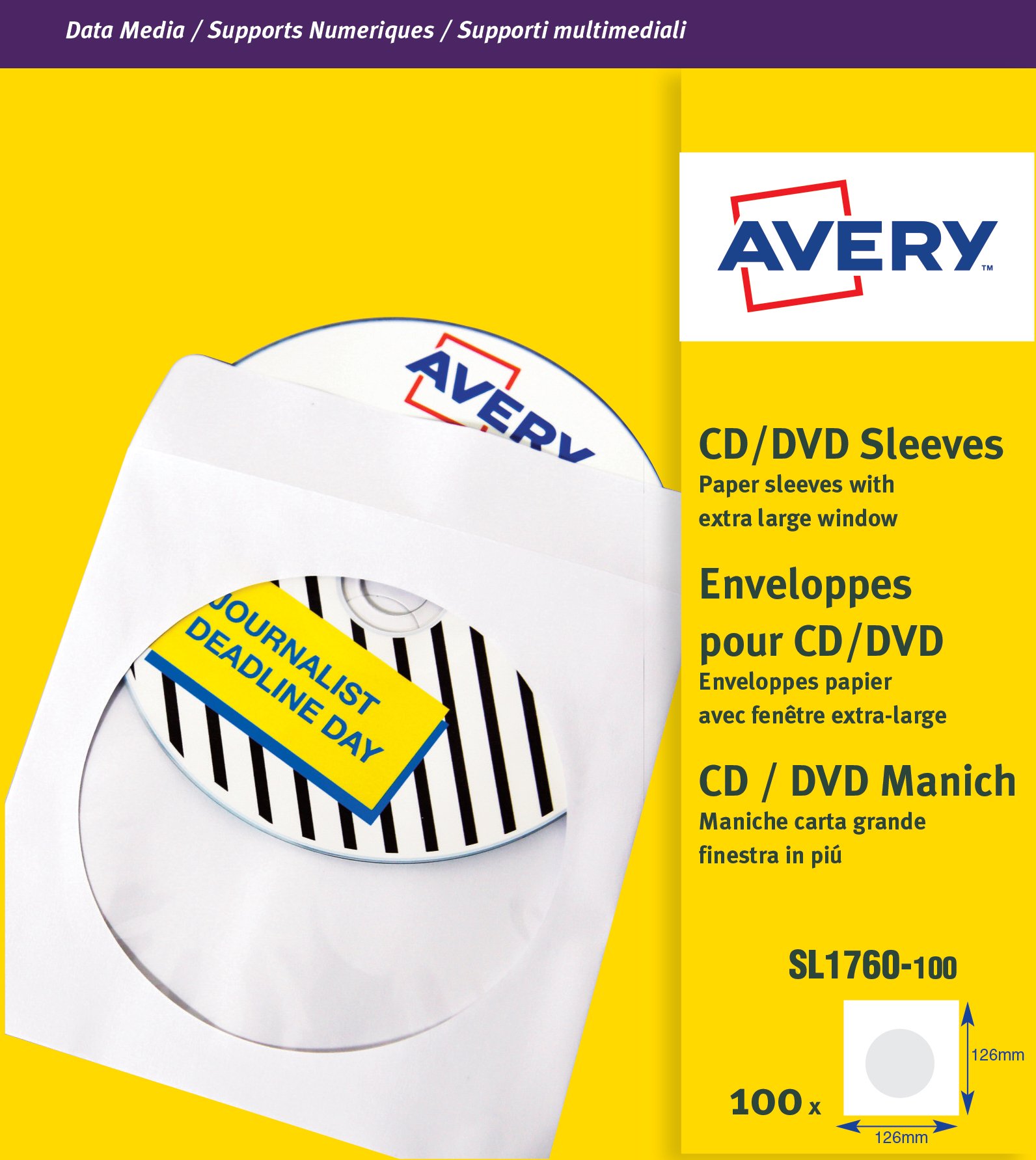 Avery 279880 SL1760-100 Paper Sleeves for CDs and DVDs with Clear Window, 100 Sleeves Per Pack