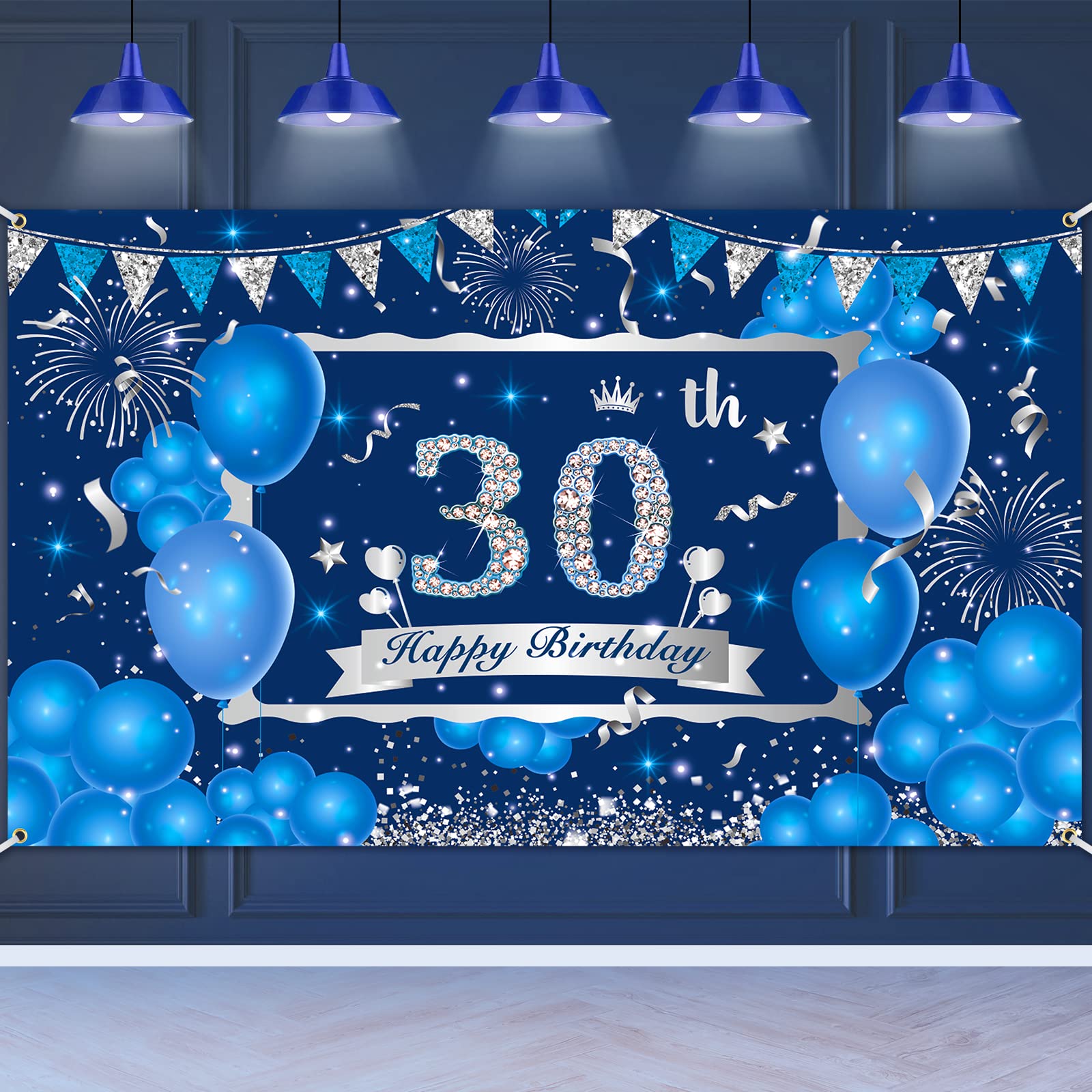 Blue & Silver 30th Birthday Decorations - Large Banner for Men & Women's 30th Anniversary Party