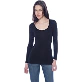 Basic Long Sleeve Solid Top Tee Shirt Stretch Tight Fit Scoop Neck Junior Women, Black, Large
