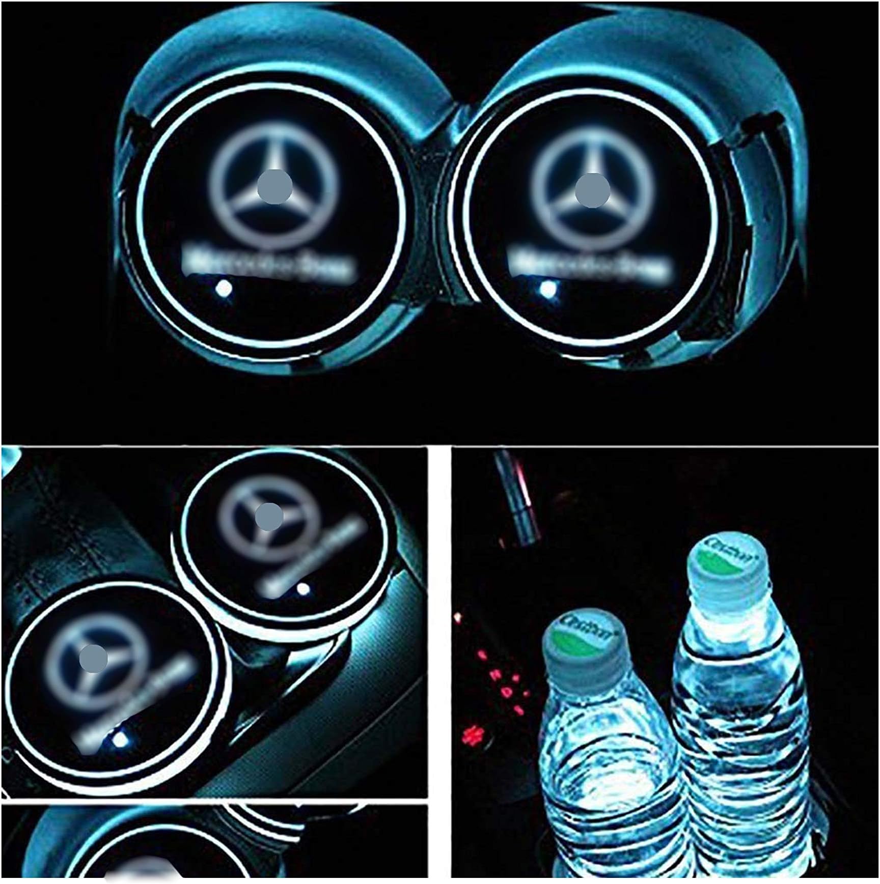 OnWheel Car Interior LED Coaster Logo Cup Holder 7 Colors Changing Atmosphere Lamp for Mercedes-Benz - Set of 2 pcs