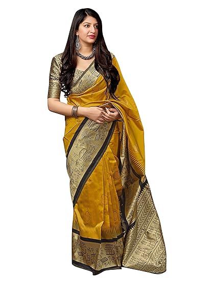 Yellow Banarasi Silk Saree With Blouse Peice