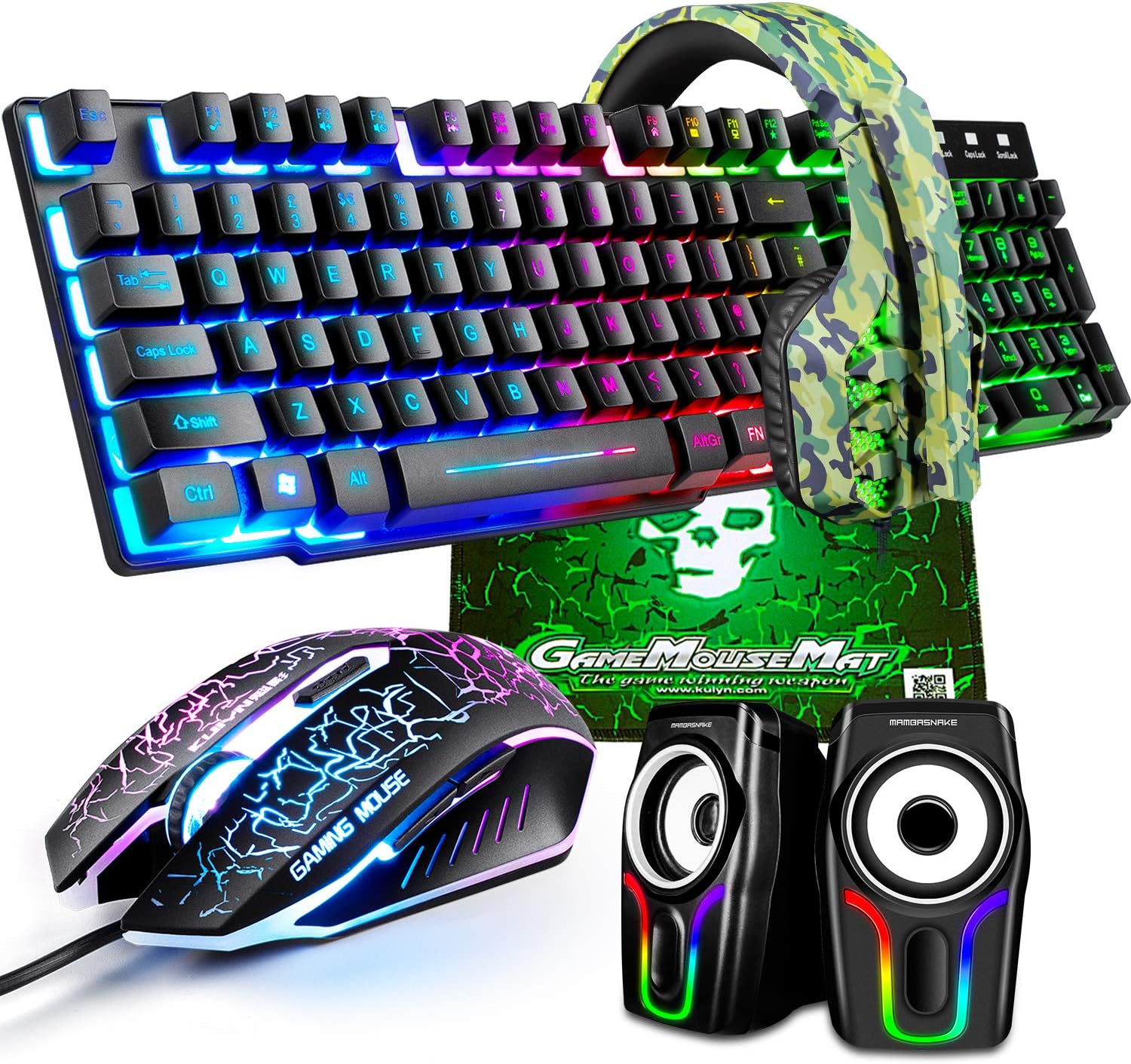 Gaming Keyboard and Mouse,5 in 1 Gaming Combo,12W HD Sound Speakers Rainbow LED Backlit Wired Keyboard,2400DPI 6 Button Optical Gaming Mouse,Gaming Headset,Gaming Mouse Pad for PC Gaming(Black)