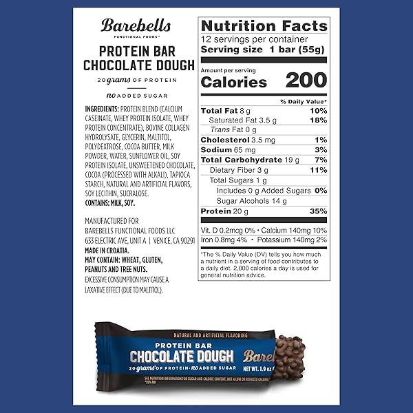 BAREBELLS PROTEIN BARS CHOCOLATE DOUGH – 12 COUNT, 20G HIGH PROTEIN TREATS – CHOCOLATE NUTRITION BAR WITH 1G TOTAL SUGARS – ON-THE-GO BREAKFAST OR POST-WORKOUT SNACK