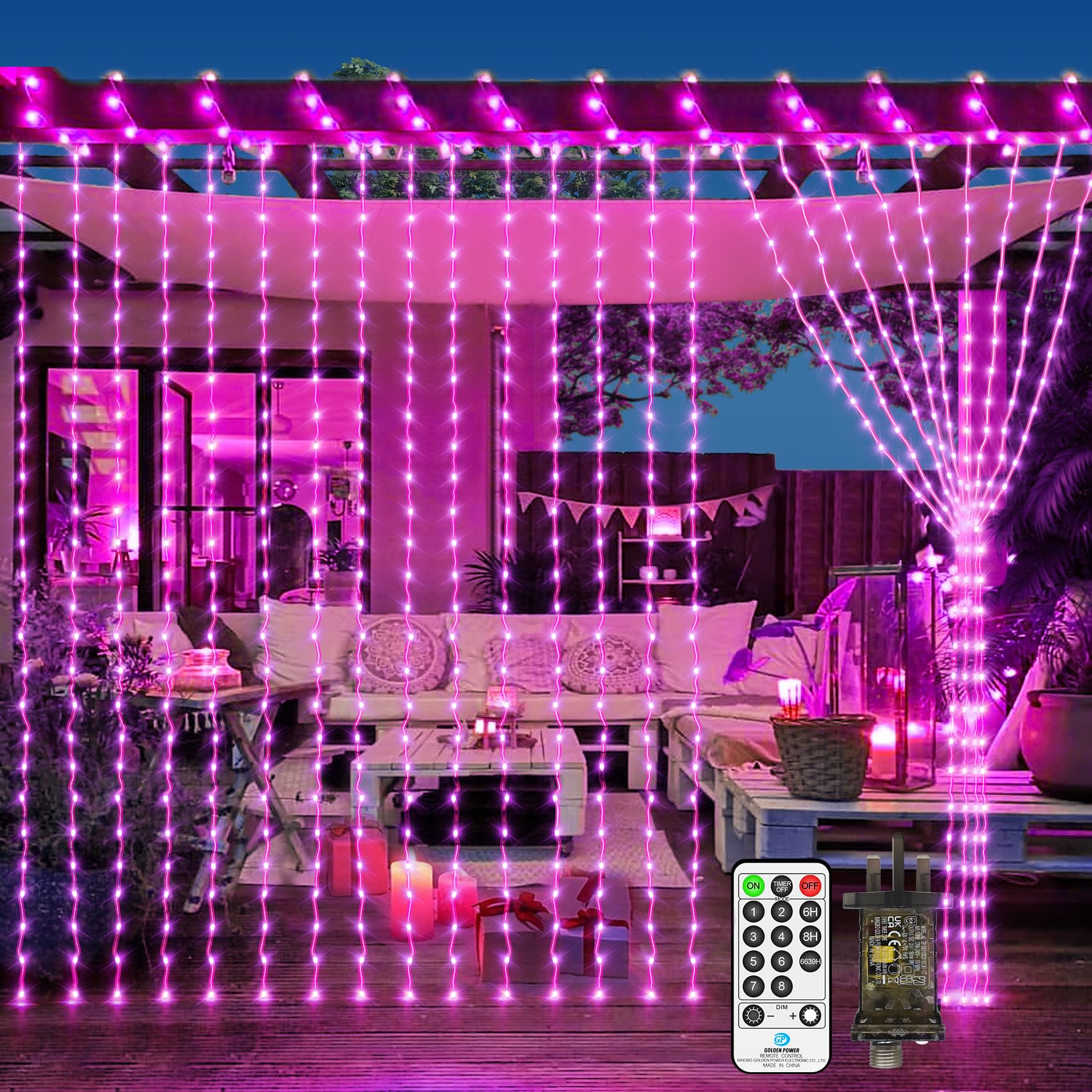 300 LED Curtain Lights Indoor Outdoor, 3m x 3m Fairy Lights Plug In IP65 Waterproof Connectable Waterfall String Lights with Remote 8 Modes Timer for Room Garden Wall Party Wedding Decorations-Pink