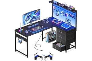 MOTPK L Shaped Gaming Desk with Shelf & 4 Drawers, 43" Reversible Computer Desk with LED Light, Home Office Table with Hutch and Hook, Black