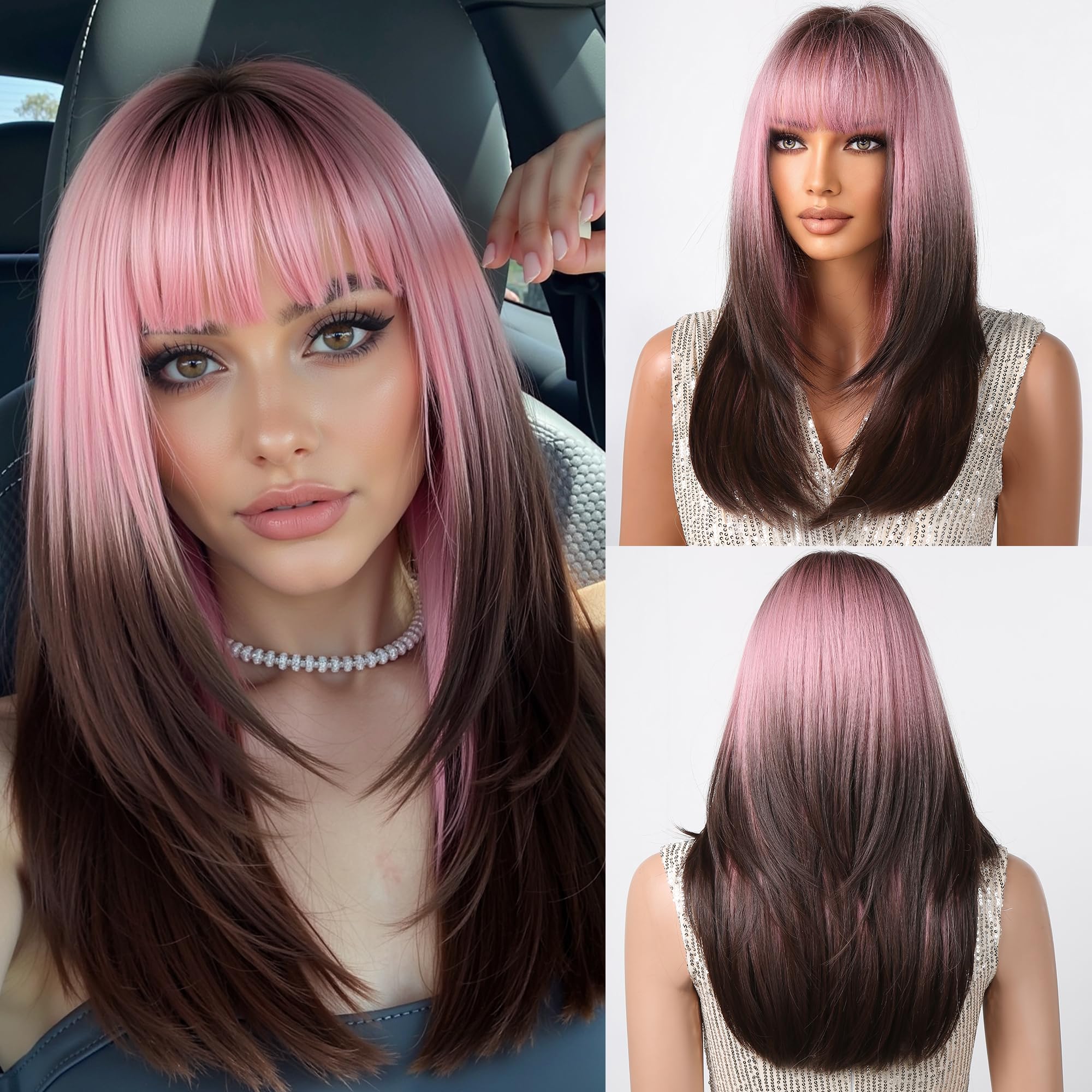Testar Long Ombre Pink Black Wigs With Thick Bangs - Synthetic Layered Hair Wigs For Daily Use — image 1