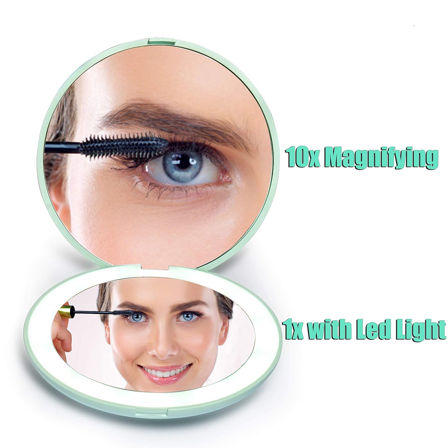 wobsion LED Lighted Travel Makeup Mirror, 1x/10x Magnification Compact Mirror, Portable for Handbag, Purse, Pocket, 3.5 inch Illuminated Folding Mirror, Handheld 2-Sided Mirror, Round, Cyan : Beauty