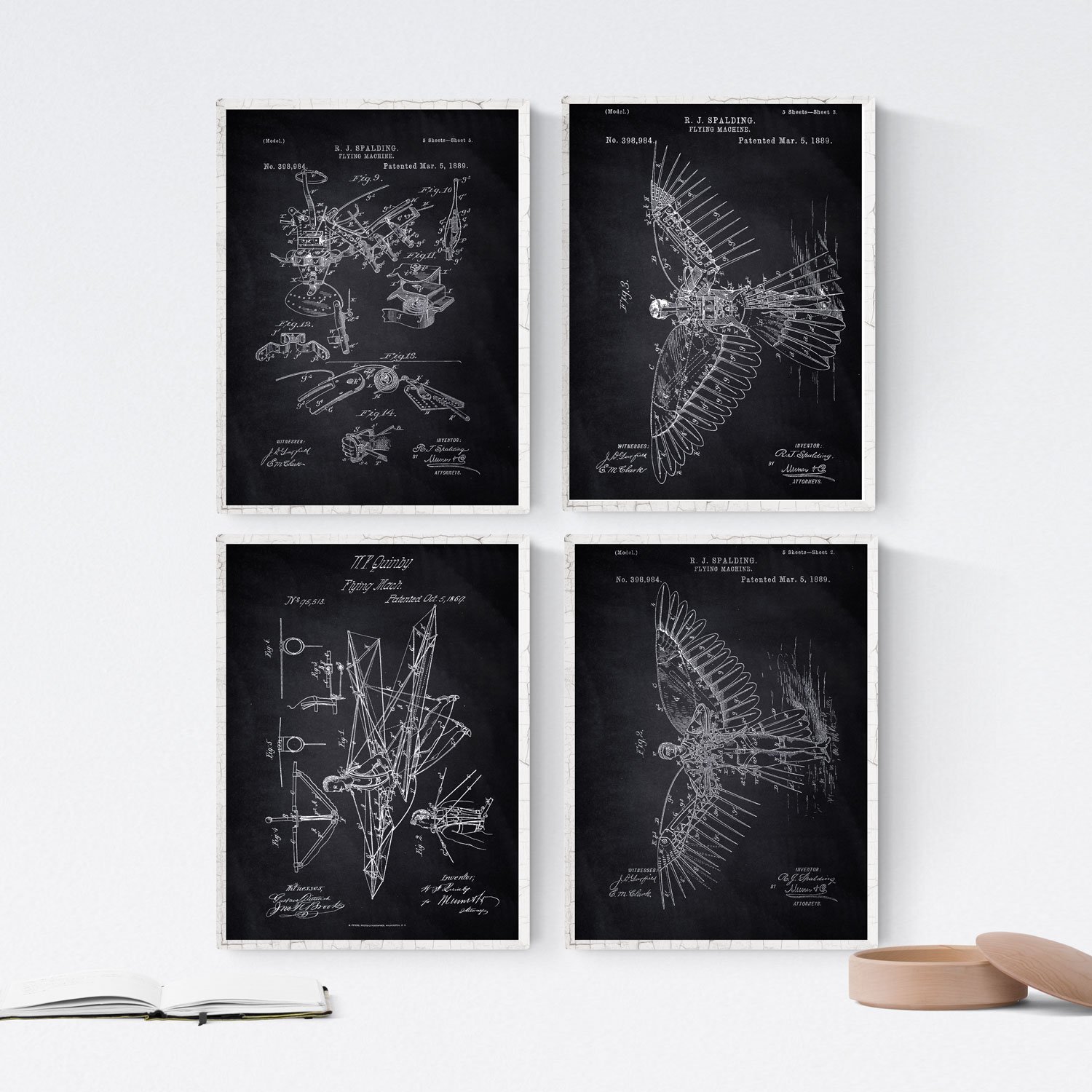 Nacnic BLACK - Pack of 4 sheets with PATENTS sailplane. Set posters with inventions and old patents. Choose the color you like. Printed on 250 grams