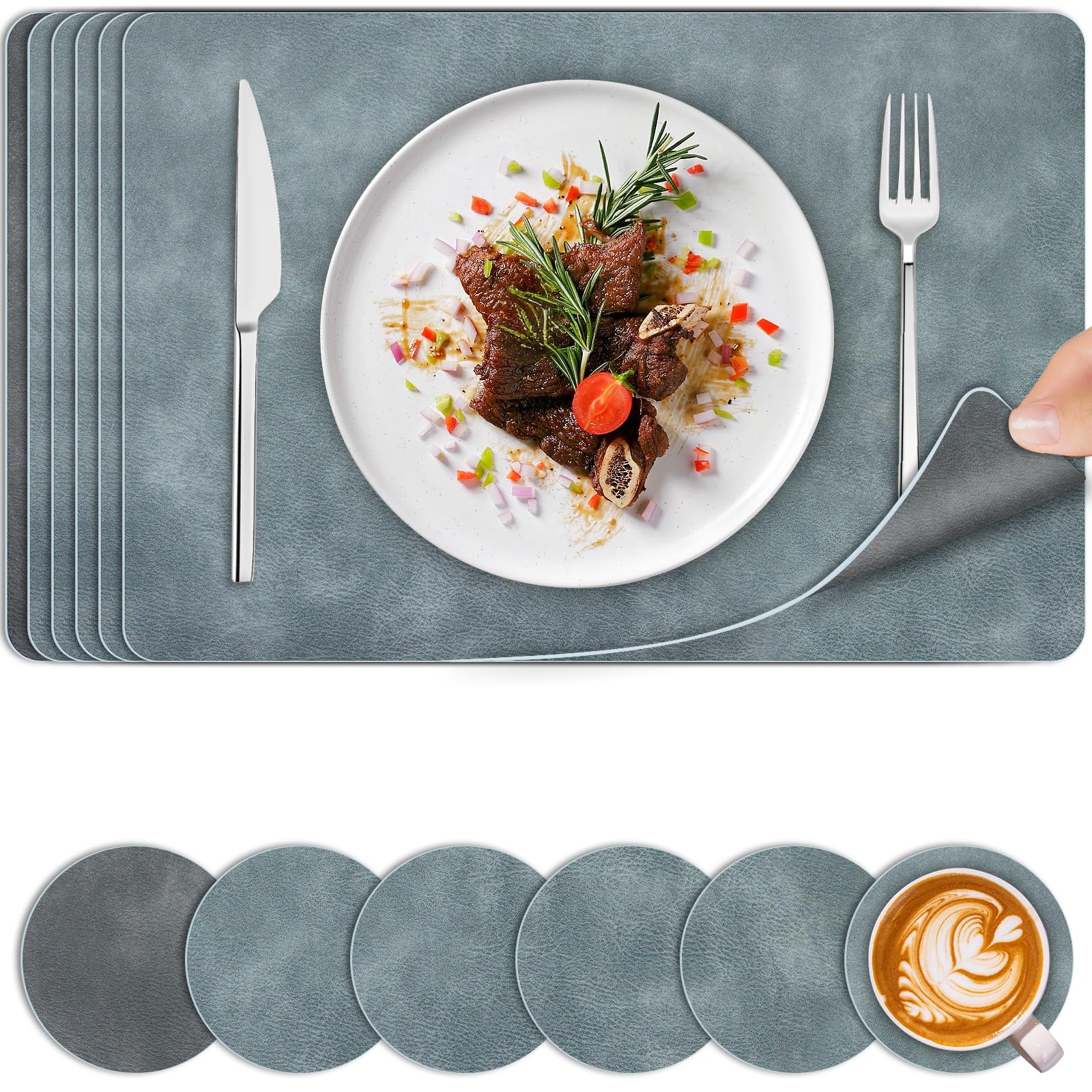 Placemats and Coaster Sets 6, Dual Sided Leather Place Mats 44.5 x30 cm, Heat Resistant Non-Slip Table Mats, Wipeable Washable Placemats Set of 6 for Home Outdoor Dining Table Kitchen Hotel(Blue&Grey)