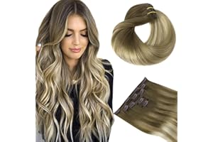 HOTBANANA Clip in hair Extensions, Walnut Brown to Ash Brown and Bleach Blonde 5pcs Clip in Hair Extensions Real Human Hair Remy Hair Stright Clip in Hair Extensions 16 inch 85g