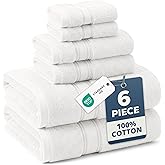 LANE LINEN Bath Towels Set of 6 – 100% Cotton, Zero Twist, 2 Large Bath Towel, 2 Hand Towels & 2 Wash Cloths, Quick Dry & Long-Lasting, Perfect for Family Bathrooms, Easy Care – White Towels